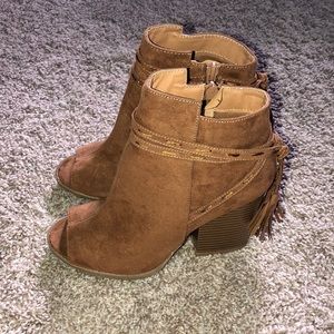 Faux suede, open toe booties size 6